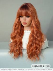 7JHH WIGS High Quality 24-Inch Long Body Wave Pumpkin Orange Wigs For Women Fashion Synthetic Wavy Curly Wig With Bangs, Heat-Resistant Fiber Full Machine Fake Hair, Beginners Glueless Costume Wigs For Daily Party Wear, Music Festivals Cosplay Use - 橘色 - 查看 4