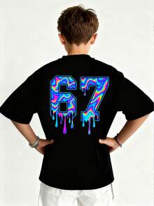 Boys & Teens Casual Printed Crew Neck Short Sleeve T-Shirt, Summer Top - Black - View 7