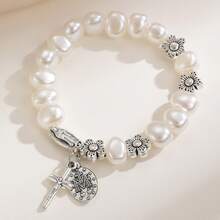 Vintage Cross Virgin Mary Pendant Bracelet Oval Portrait Tag Flower Pearl Bracelet Women's Jewelry - 01 古金 M-432 - 查看 7