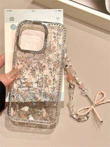 1pc Luxury INS Cartoon Full Screen Cat Pattern Rhinestone Phone Case With Bow Beaded Lanyard Accessory, Compatible With IPhone 17/17 Air/17 Pro/17 Pro Max, 16, 16 Pro, 16 Plus, 16 Pro Max, 15, 14, 13 Pro Max, 12, 11, TPU Shock-Proof And Drop-Proof Full Coverage Phone Case - Floral Cat - View 4