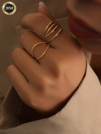 2pcs Fashionable Gold Stainless Steel Rings, Minimalist Unique Design, Versatile Open Rings