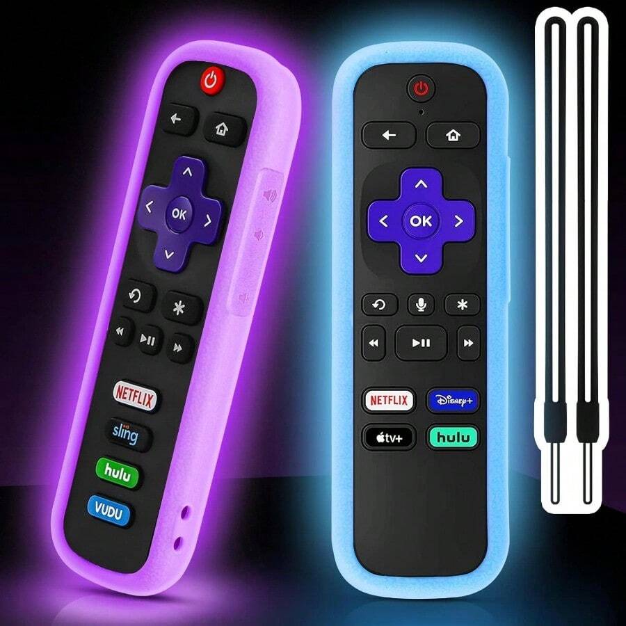 AWYY2Pack Case For Roku Remote Universal Protective Controller Sleeve For Roku TV Remote With Lanyards Glow Blue Purple - GlowBlueandGlowPurple - Xem 1