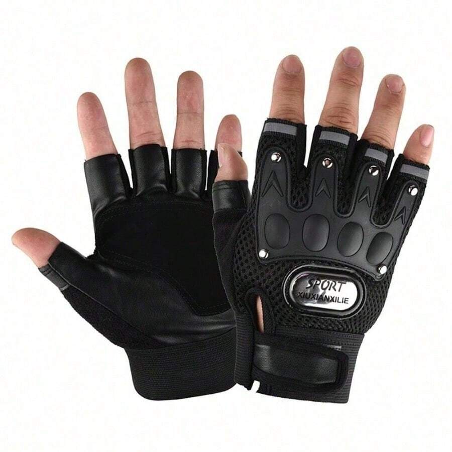 1Pair Fingerless Gloves Half Finger Men Gloves Anti-Slip Outdoor Sports Bicycle Gloves Riding Gloves - Black - View 1