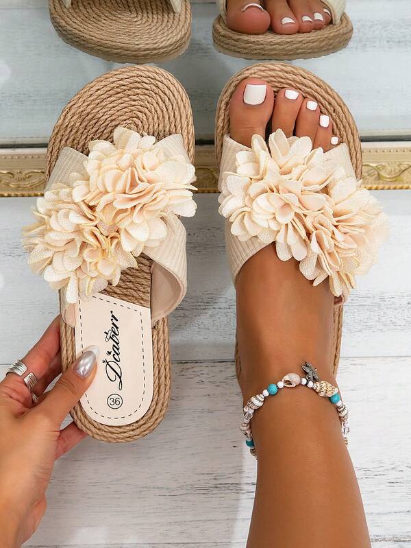 New Spring/Summer Floral Slippers, Women's Classic Beige Peony Flower Casual Beach Outdoor Lightweight Sandals