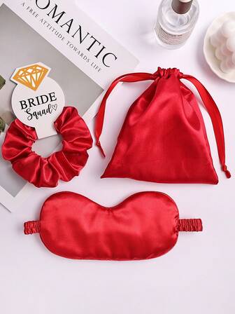 Set de 3 piezas: Scrunchie para el cabello con diamantes para dama de honor, antifaz de seda sintética para dormir, y bolsa de regalo a juego, adecuado para uso diario, boda, fiesta, mujeres