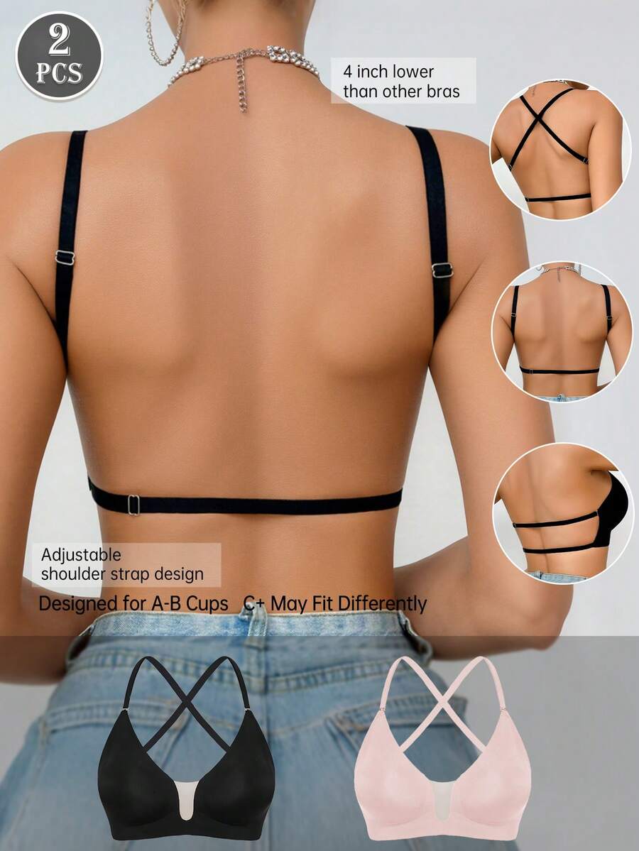 2pcs Seamless Wireless Bras For Women, Bridal Lingerie, 3 Strap Options, Lightweight Support, Comfortable & Breathable - Suitable For Weddings, Formal Occasions, Strapless, Bridal Wear, Autumn/Winter/Spring, Detachable & Adjustable Straps, Thin Double-Layer Mesh Bras, Deep V Back - Multicolor - View 1
