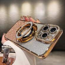 Luxury Shiny Sequin Camera Rhinestone Ring Holder Gradient Glitter Electroplated Phone Case, Compatible With 17 Pro Max Air 16 15 14 13 12 11 Pro Max X XS Max 6S 7 8 Plus SE2 3, Orange, Silver, Pink Holder Phone Case, Suitable For Girls And Women - Gold - View 7