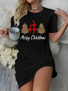 Merry Christmas, Leopard Buffalo Plaid Christmas Tree Xmas T-Shirt Dress Women's Dress, Casual Summer Dress - màu đen - Xem 5