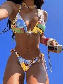 Summer Vacation Random Leopard & Flower Print Metal Starfish Decor Halter Top & High Cut Bottom Bikini Set, Beach Vacation 2pcs/Set - Leopard - View 14