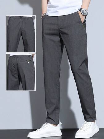 กางเกงขายาวลำลองเรียบง่ายสีพื้นสำหรับผู้ชาย พร้อมกระเป๋าและห่วงเข็มขัด