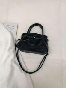 1个PU皮革高品质手提包，褶皱皮带扣装饰女士单肩包 - 黑色 - 查看 8