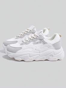 1双厚底时尚休闲系带运动鞋，四季皆宜 - 灰色 - 查看 4