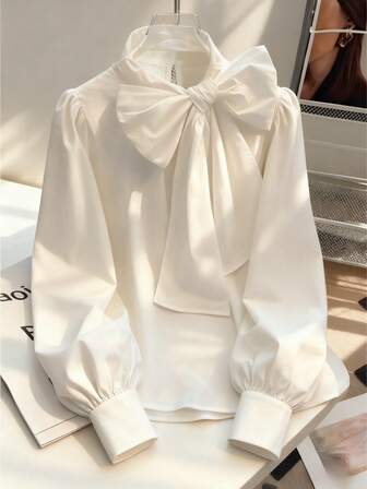 Women's Long-Sleeved Shirt, Elegant Solid-Color Stand-Up Collar Bow Shirt For Women In Autumn, Suitable For Business Commuting/Office/Casual Wear/Vacation Travel.