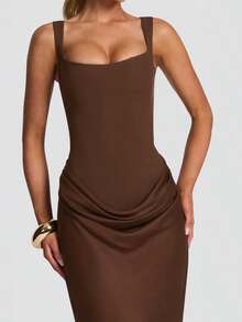 Elegant Women's Brown Sleeveless Knit Maxi Dress, Draped Details, Pencil Dress, Open Back Design Party - Brown - View 9