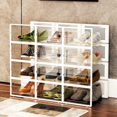 12/24pcs Thick Transparent Plastic Shoe Boxes With Lids, Space-Saving Sneaker Storage Container, Suitable For Entryway Closet Dormitories Organizer, Sturdy For Home Use