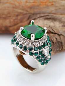 1 件奢华圆形绿色方晶锆石全铺镶男士商务戒指，婚礼订婚派对珠宝礼物