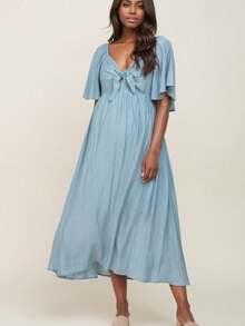 Pregnant Women's Solid Color Elegant Casual Cute Knotted Ruffle Hem Formal Evening Party Vacation Dress, Spring/Summer - Light Wash - View 8