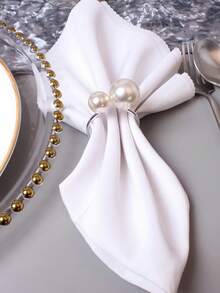 Set Of 12 Silver Napkin Rings - Pearl Buckle Napkin Holders For Christmas, Family Gatherings, Dinner Parties, And Wedding Decor (With 2 Silver Pearls) - White Pearl - View 10