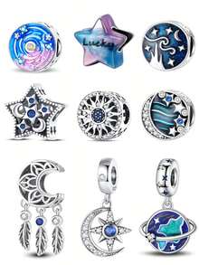 1pc Silver Exquisite Vast Starry Sky Water Lily, Lucky Stars, Starry Sky Galaxy, Stars And Moon, Sun, Milky Way, Dreamcatcher Moon Feather Tassel, Starry Sky Moon, Escape Earth Orbit Moon Travel Bead Pendant, DIY Creative Bracelet, Wristband, Necklace And Other Jewelry, Suitable As A Birthday, Holiday, Or Anniversary Gift For Women And Girls - Multicolor - View 1