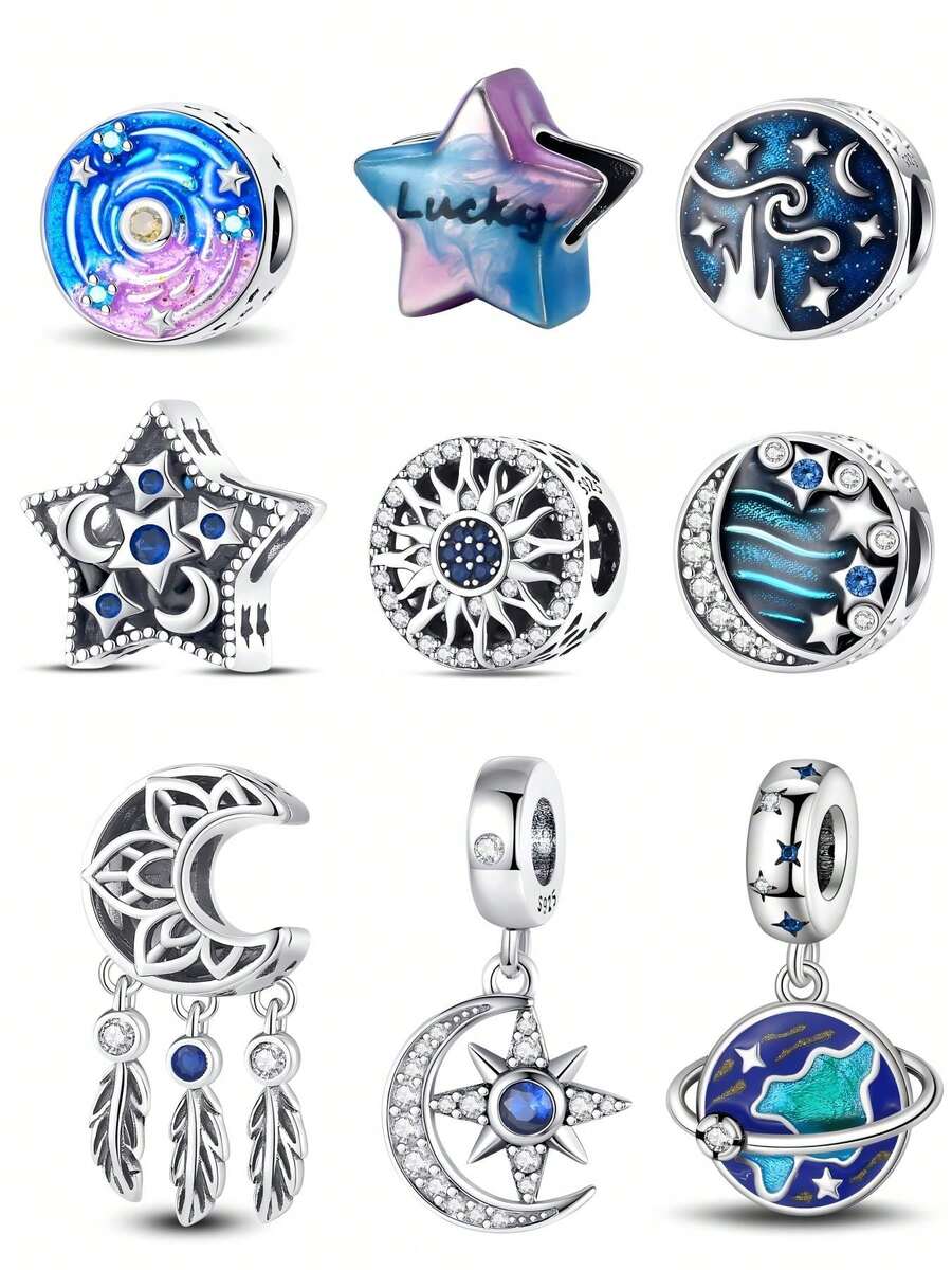 1pc Silver Exquisite Vast Starry Sky Water Lily, Lucky Stars, Starry Sky Galaxy, Stars And Moon, Sun, Milky Way, Dreamcatcher Moon Feather Tassel, Starry Sky Moon, Escape Earth Orbit Moon Travel Bead Pendant, DIY Creative Bracelet, Wristband, Necklace And Other Jewelry, Suitable As A Birthday, Holiday, Or Anniversary Gift For Women And Girls - Multicolor - View 1