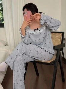 Contrast Color Lace Trim Patchwork Bow Print Women Long Sleeve Pajama Set - Grey - View 11
