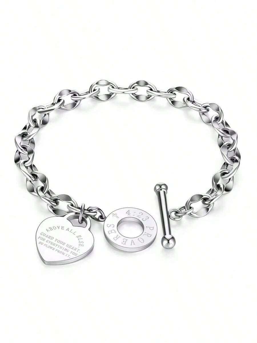 1pc Women's Stainless Steel Classic Heart Engraved Toggle Clasp Titanium Steel Chain Bracelet Valentines,Mom,Mother,Mother's Day,Gift - Bạc - Xem 1