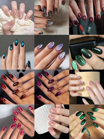 288片（12种混装）Y2K短款椭圆形亮面美甲贴纸，红紫色水晶猫眼亚克力材质，短款设计，完美贴合，红紫色猫眼美甲让您的指尖闪耀动人，适合女性日常工作和派对场合。