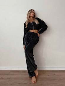 2pcs Women's Velvet Tracksuit Set, With Hooded Zip-Up Crop Top And Comfortable Stretchy Sweatpants, Suitable For Casual Wear Black Spring - Black - View 5