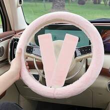Soft Plush Car Interior Accessory Set, Steering Wheel Cover + Seat Belt Shoulder Pads, Fluffy Car Accessories - one-size - View 11