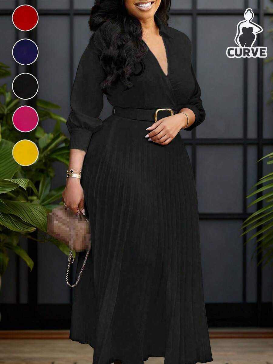 Plus Size Elegant Waist-Cinched Pleated Dress With Belt, Suitable For Spring/Summer, Formal Occasions, Weddings, Birthdays, And Teacher Outfits - Black - View 1