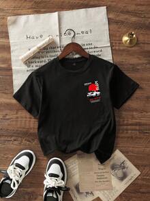 男童休闲印花圆领短袖T恤，夏季上衣 - 黑色 - 查看 4