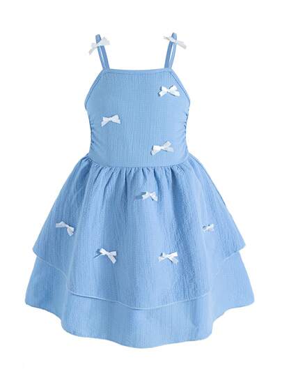 Váy dài đến đầu gối không tay màu trơn đơn giản dành cho bé gái có trang trí nơ 3D, phù hợp cho mùa hè