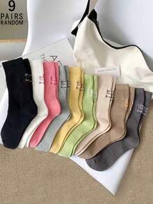 9双装随机颜色女士糖果色个性化学院风中筒袜，秋季 - 彩色 - 查看 11