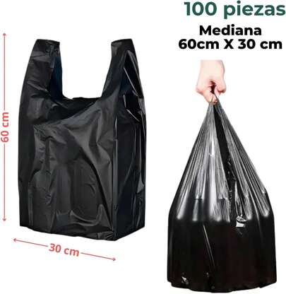 estiloBolsas de Basura Biodegradables con Asas, Color Negro, Medianas 100 Piezas 30 X 60 cmVersión mejorada