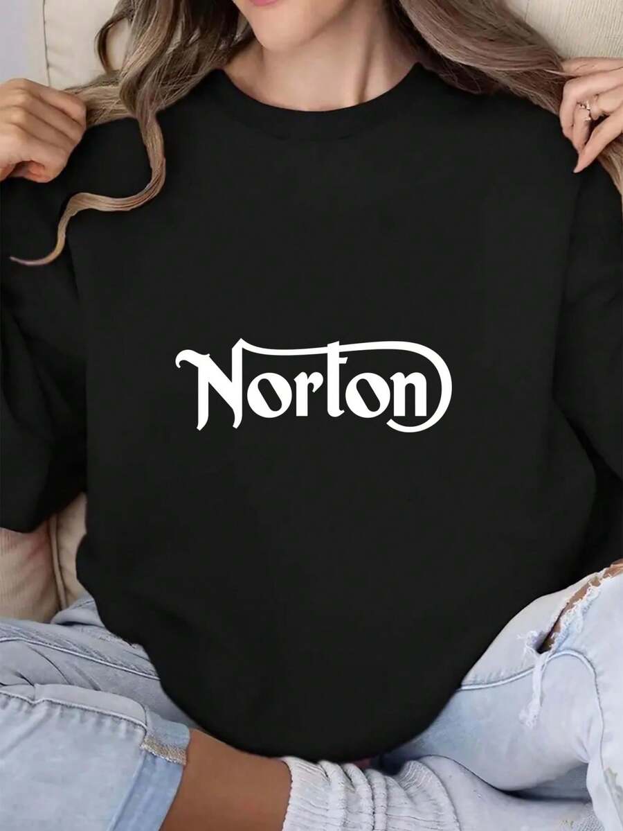 Women'S Casual Crew Neck Sweatshirt With "Norton" Print, Long Sleeve Pullover, All-Season Comfort, Soft Polyester Blend, Casual Wear |   Relaxed Fit Top |   Polyester Blend, Sweater They Are Excellent Gifts For Friends And Family,A Youthful And Fashionable Design,With A Loose Fit - 黑色 - 查看 1
