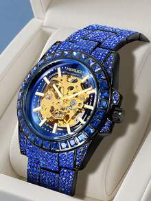 1 Piece Blue Diamond-Encrusted Men's Automatic Mechanical Watch With Alloy Case And Blue Crystal Inlaid Band, Luxury Hollow-Out Dial Timepiece, Eye-Catching Elegant Design​ - 藍色 - 查看 5