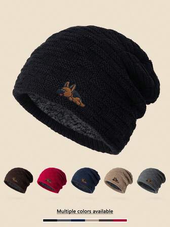 1 st unisex stickad mössa med vargbroderi, varm, termofodrad skidmössa, vindtät, mjuk och lös dödskallehatt för män och kvinnor, lämplig för kallt väder