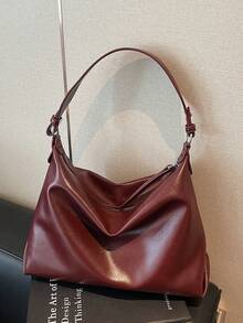 BEIKAMU New Fashion Solid Color PU Large Capacity Shoulder Bag, Versatile Hobo Bag, Suitable For University, Commuting, Shopping, Strolling, Daily Use - Burgundy - View 7