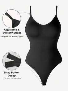 1pc Women Plus Size Seamless Butt Lifter Bodysuit, Shapewear Tummy Control Thong, Summer - Black - View 3