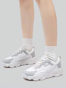 1双厚底时尚休闲系带运动鞋，四季皆宜 - 灰色 - 查看 7