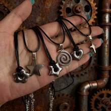 6pcs Chunky Star Pentagram Flower Pendant Necklace For Women Men Black Rope Chain Choker Y2k Punk Edgy Jewelry - Main Image 6-piece Set - View 3