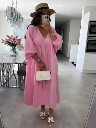 Plus Size Deep V-Neck Long A-Line Dress, 3/4 Sleeve, Flared Hem, Woven Fabric, Non-Stretch, Flowy Summer Style