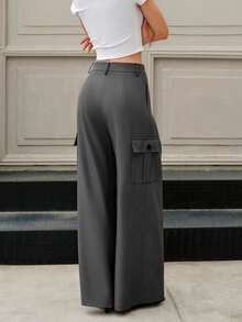 Pantalones anchos elegantes para oficina para mujer, de unicolor con bolsillos, para primavera/verano - Gris - Ver 2