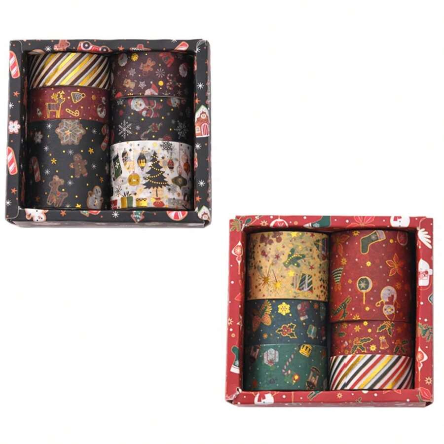 12 Rollos de Cinta Washi de Navidad, Patrón de Elementos Navideños,Papel de Aluminio Dorado,Cinta Decorativa para Albumes de Recortes, Diario,Regalos de Navidad (Rojo y Negro-Caja Blanca!) - Rojo y negro - Ver 1