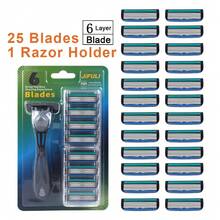 男士手动剃须刀，配备 6 层不锈钢脱毛刀片和可更换剃须刀头