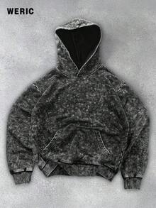 Men's Fashionable Hooded Sweatshirt, Distressed Washed Effect, Suitable For Daily Wear, Suitable For Spring And Autumn Seasons. Pullover With Pockets, Street Style. - Black - View 1
