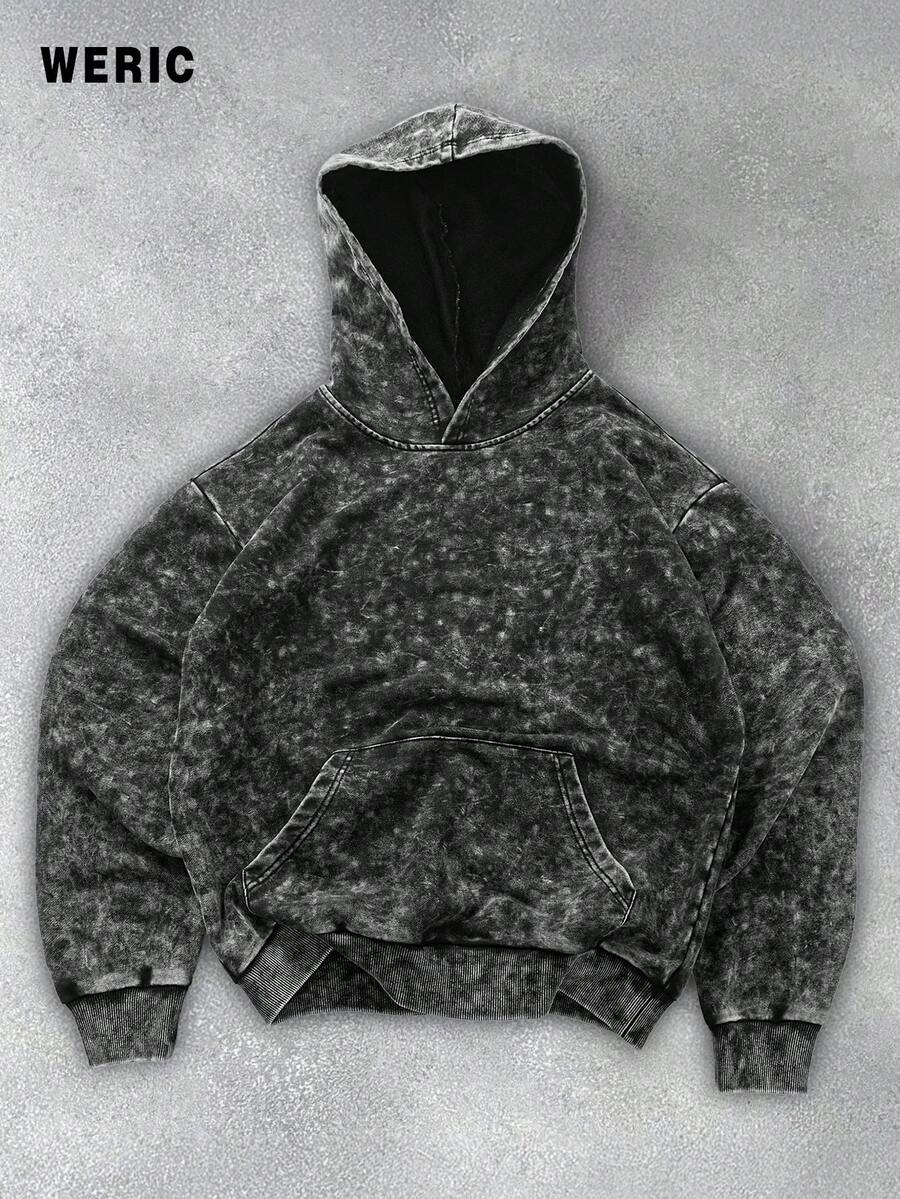 Men's Fashionable Hooded Sweatshirt, Distressed Washed Effect, Suitable For Daily Wear, Suitable For Spring And Autumn Seasons. Pullover With Pockets, Street Style. - Black - View 1