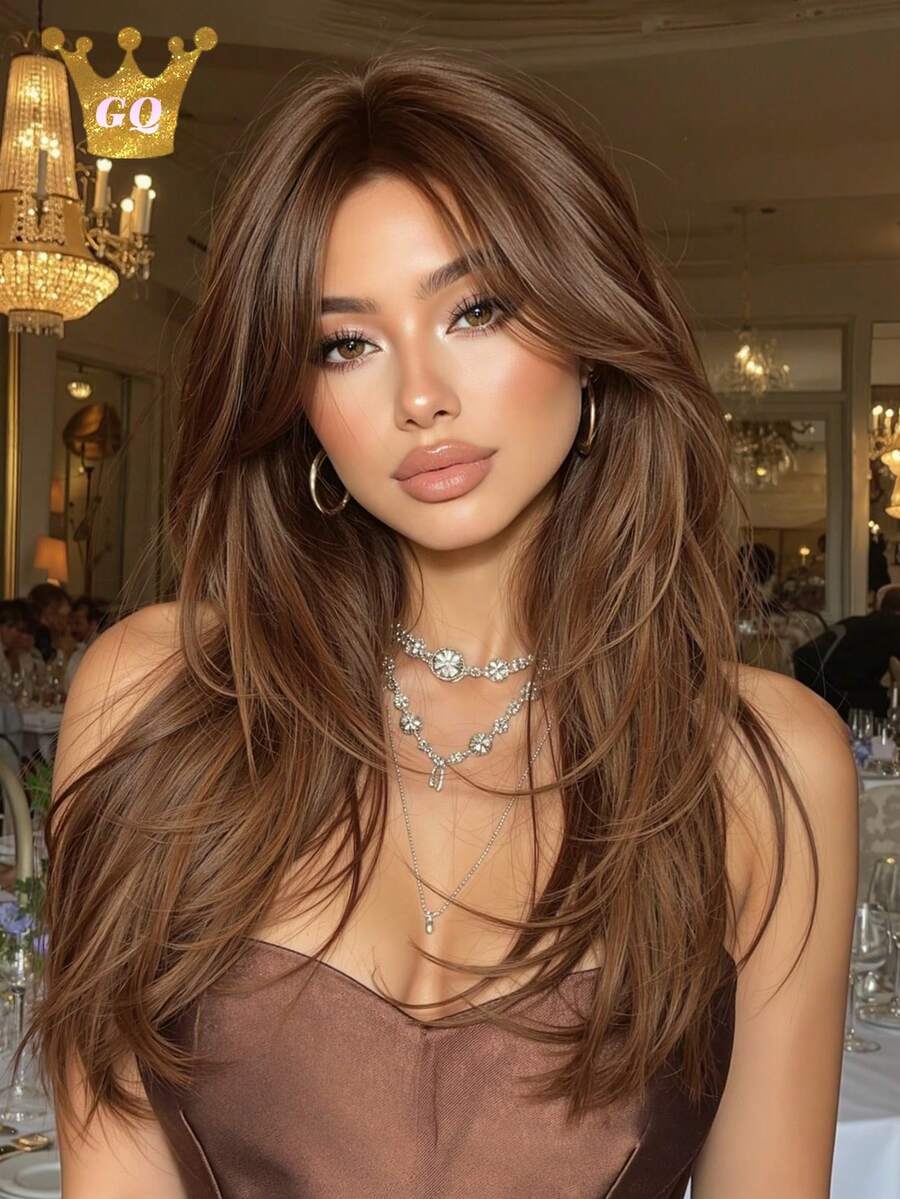 22 Inch Long Straight Platinum Brown Golden Synthetic Wig, Natural Appearance, Heat Resistant Fiber, Suitable For Women's Daily Wear, Parties And Fashion Styling - 彩色 - 查看 1