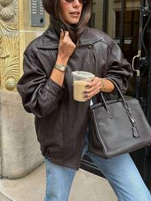 New Vintage Bomber Leather Jacket, Solid Color Casual Zipper Pocket Jacket, Regular Fit - Brown - View 6