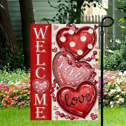 Valentines Day Hearts Garden Flag, 12x18 Inch Double Sided For Outside Small Welcome Burlap XOXO Love Red Yard Flag, No Metal Brace
